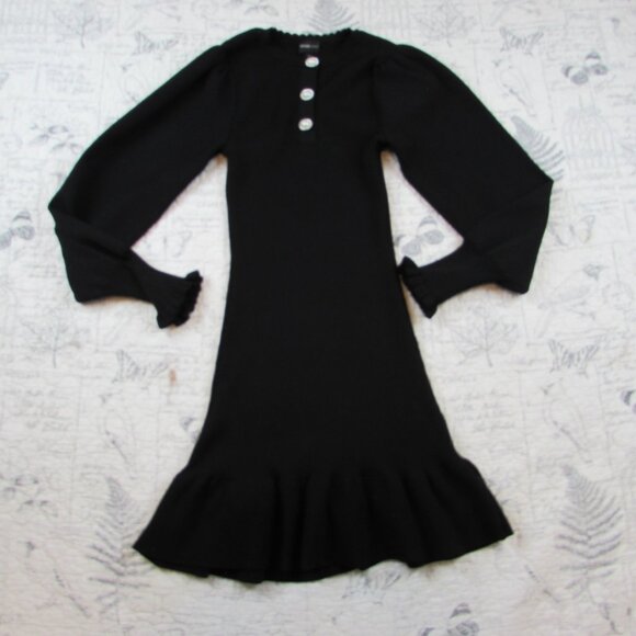 NEW RIVER ISLAND RIBBED BLACK KNIT LONG BALLOON SLV MINI DRESS PEARL BUTTONS 4 - Picture 5 of 8